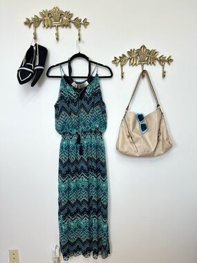 Enfocus Boho Chevron Maxi Dress in Teal and Navy XL ptp 24” l 55”